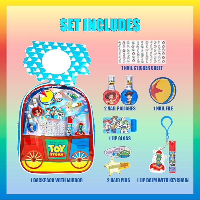 Toy Story Bag Gift Makeup Set Includes 2 Nail Polishes, 1 Lip Gloss, 1 Lip Balm with Keychain, 2 Hair Pins,1 Bag, Perfect for Kids Girls Birthday Gift by Townley Girl