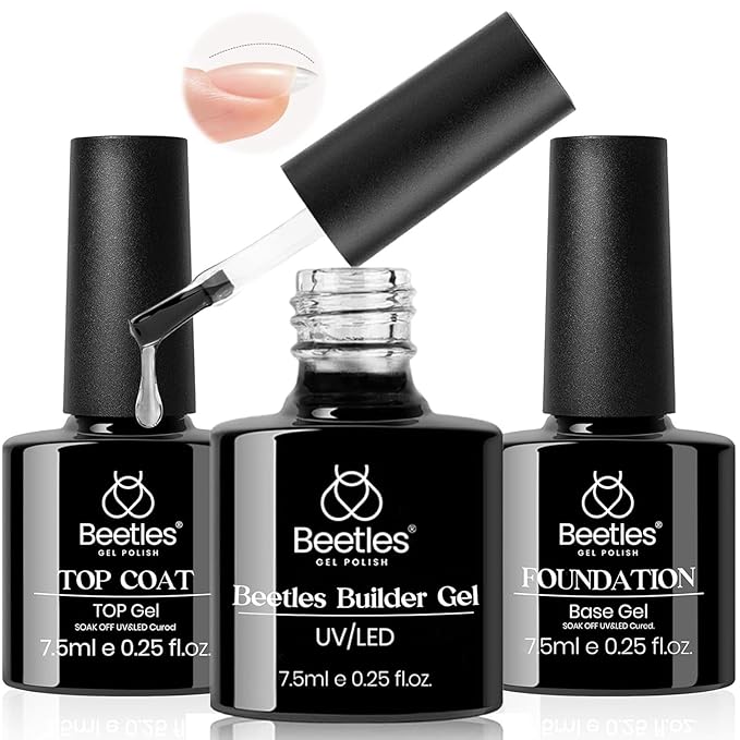 Beetles Builder Gel & Gel Base and Top Coat, 3Pcs 7.5ml Building Gel for Nails Set Shine Finish and Long Lasting, Soak Off LED Transparent Nail Strengthener Hard for Beginners DIY