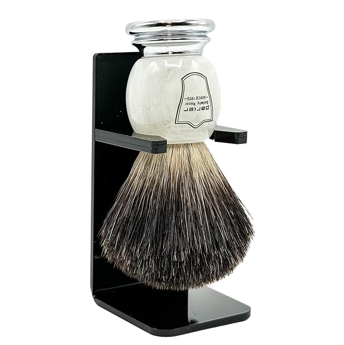 Parker 100% Black Badger Bristle Shaving Brush with Ivory Marbled Handle - Brush Stand Included