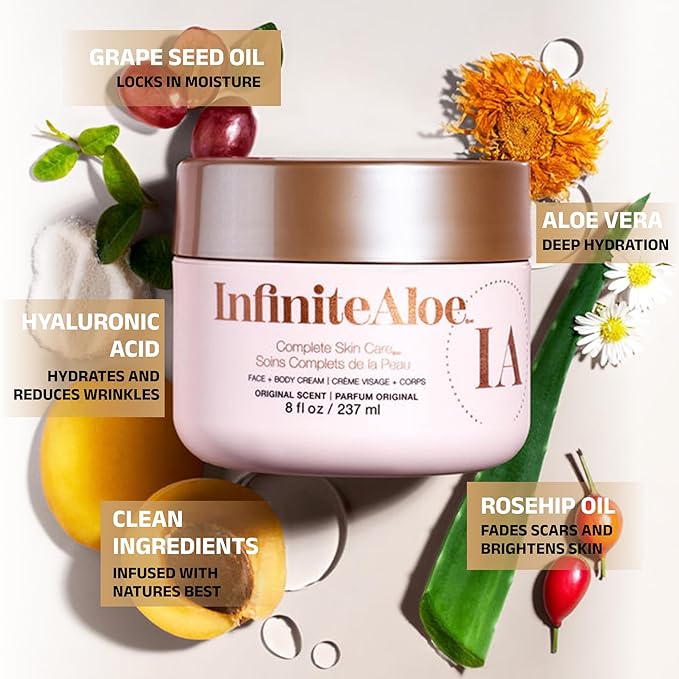 InfiniteAloe Complete Skin Care, Aloe Vera Powered Face and Body Cream for All Skin Types, Dry Skin Everyday Hero, Original Scent - 4 Large Jar 8 oz & 4 Travel Jar 0.5 oz