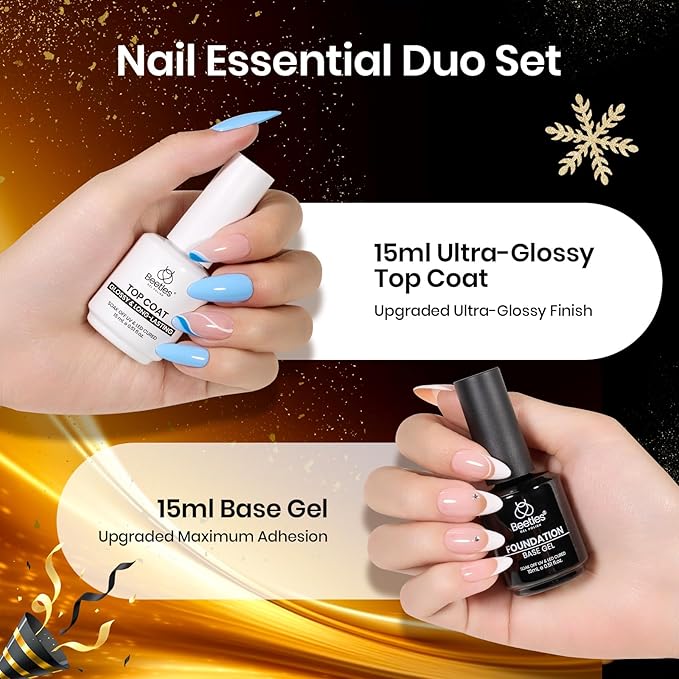 Beetles 2Pcs 15ml Gel Base and Top Coat Set - Upgrade No Wipe Extra Glossy Top Coat Finish for Gel Nail Polish, Soak Off UV/LED Lamp Needed, Essentials for Long-Lasting Manicure Christmas Kit