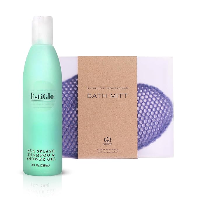 Sea Shampoo Shower Gel 8oz Bundle with Supracor Bath Mitt-Shampoo, Bath Gel & Exfoliating Glove Dead Skin Remover for Body-Exfoliator Glove Honeycomb Face Scrubber Exfoliating Mitt for Body