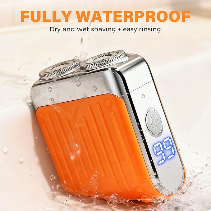 2026 New Mini Electric Shaver, Portable Rotary Dual Ring Electric Shaver, Waterproof Rechargeable Razor Mini Wet Dry Shaving Razor for Travel Home Use (Orange)