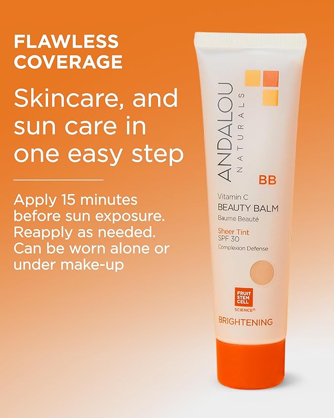 Andalou Naturals Vitamin C BB Beauty Balm Sheer Tint SPF 30 - 2-in-1 BB Cream & Mineral Sunscreen for Face - With Non-Nano Zinc Oxide Skin Protection - 2 fl oz