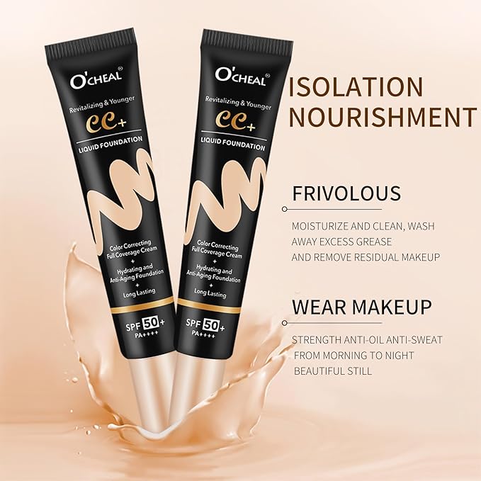 O'CHEAL CC Cream with SPF 50+, Hydrating Color Correcting Cream Full Coverage Lightweight Powder Foundation, Waterproof Long Lasting Pre-makeup Primer Facial Concealer Refine Skin Texture (Natural)
