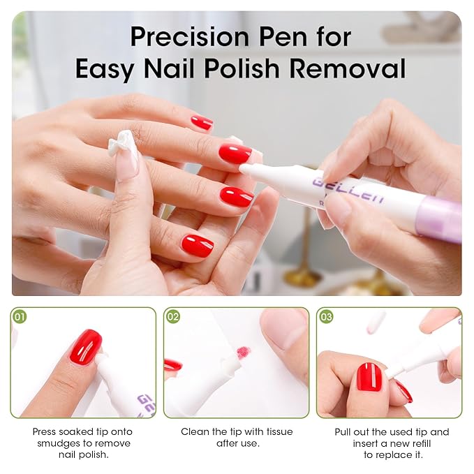 Gellen Professional Jasmine Scent Nail Polish Remover with Corrector Pen Kit, 280ml Gentle & Non-Drying Formula with Aloe & Vitamin E, Precision Cleaning Pen with Refill Tips for Nail Art
