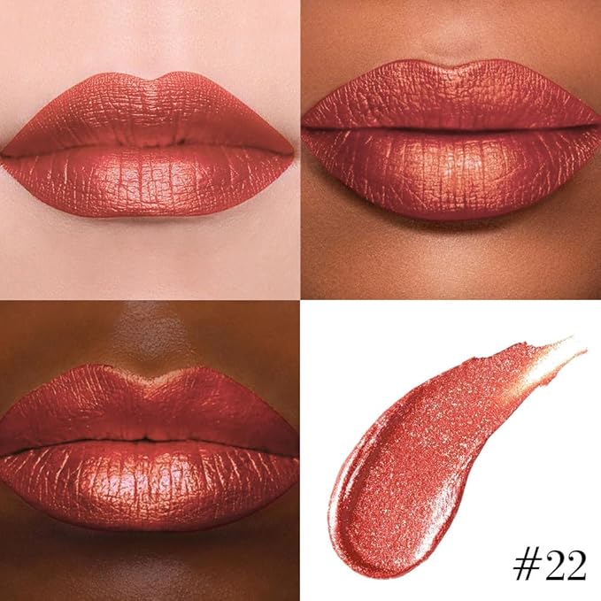 evpct Bronze Orange Metallic Glitter Lip Liner and Lipstick Combo Lip Gloss Stain Set Makeup for Women Long Lasting Waterproof 24, Non Stick Cup Metal Shine Shimmer Iridescent Glossy Liquid Lipstick