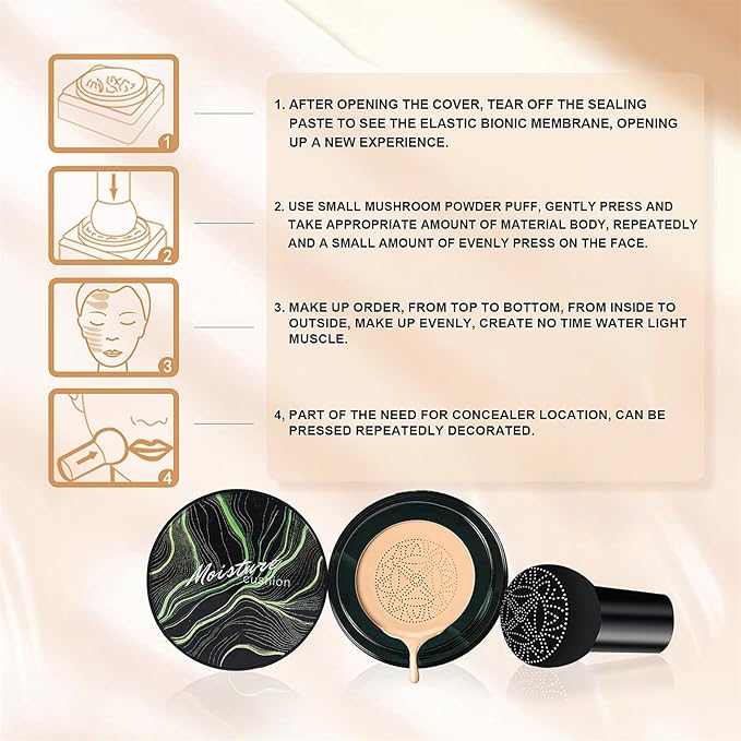 Air Cushion BB Cream Foundation - Mushroom Head CC Cream Concealer Makeup Base Water & Sweat-Proof, Create Flawless and Natural Look for All Skin Types (Nude)