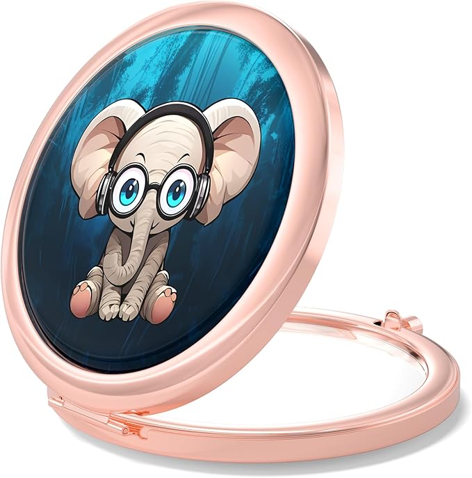 Nipichsha Compact Mirror, Pocket Travel Makeup Mirror, 2 - Sided 2X / 1X Magnification, Small Folding Portable Handheld, 2.75 in Rose Gold, Pretty Elephant