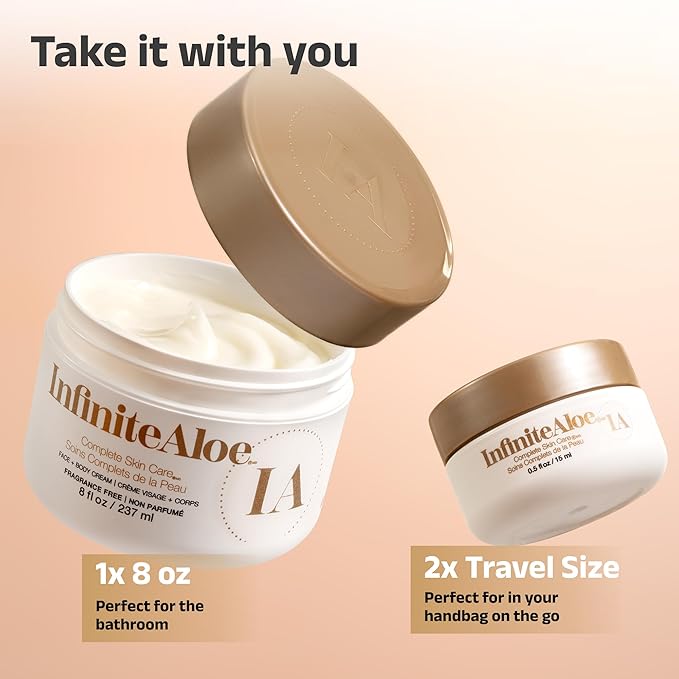 InfiniteAloe Complete Skin Care, Aloe Vera Powered Face and Body Cream for Dry Skin Relief, Fragrance Free - Large Jar 8 oz & 2 Travel Jar 0.5 oz