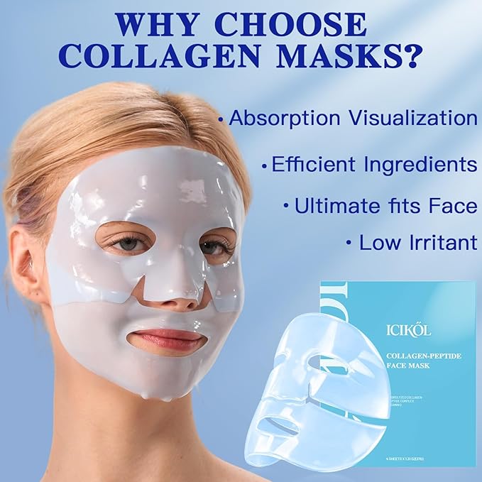 Deep Hydrolyzed Collagen Face Mask, 4 Pack - Age-Defying Sheet Mask with Peptides & Hyaluronic Acid, Restores Skin Elasticity & Firmness for Women