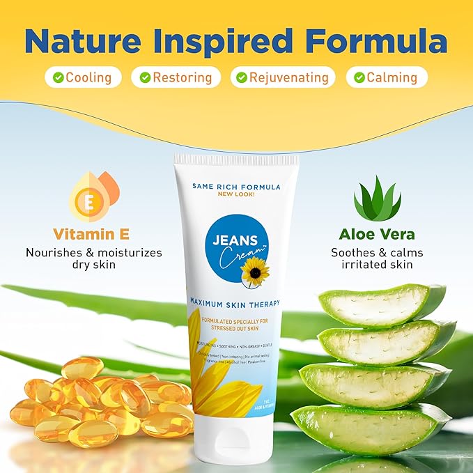 Jeans Cream, Maximum Skin Therapy Radiation Burn Cream, Moisturizing Vitamin E and Aloe Vera Cream for Compromised Skin, Minor Cuts, Sunburn and More, Non-Greasy Formula, 7 oz