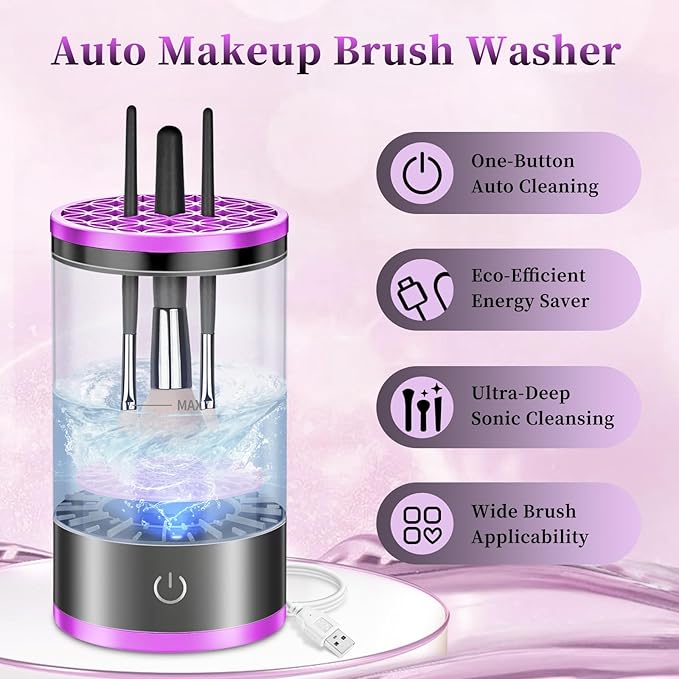 Electric Makeup Brush Cleaner, Quick Efficient Machine for Deep Cleaning All Types of Brushes, Portable Compact Design for Travel Home Use, for Makeup Lovers & Professionals - Purple