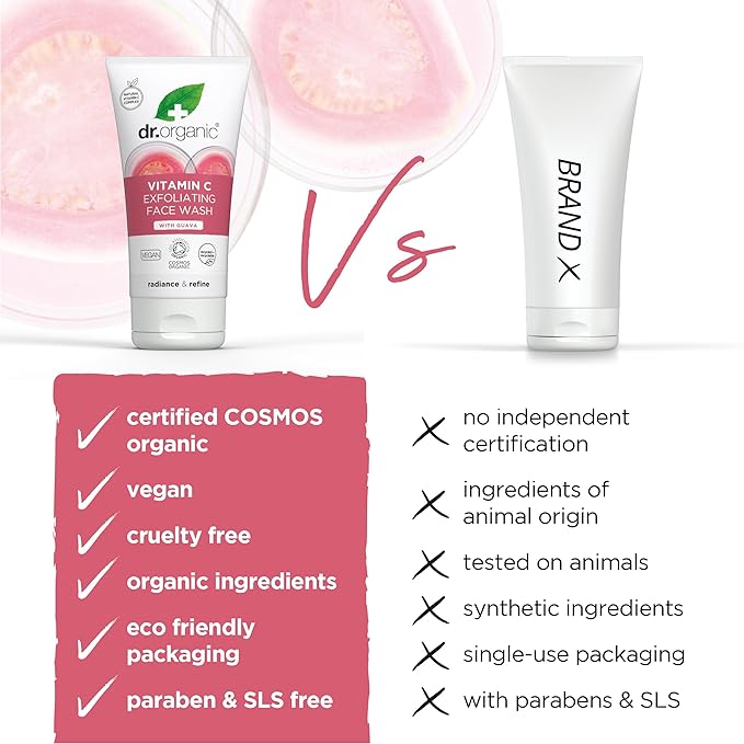 Dr. Organic Vitamin C Exfoliating Face Wash | Illuminating & Brightening for Dry Skin, Rich in Vitamin C, Certified Organic, Paraben & SLS-Free, Cruelty-Free, Natural, Vegan, 150 mL / 5 fl oz