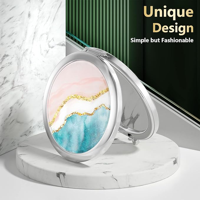 Nipichsha Compact Mirror, Pocket Travel Makeup Mirror, 2 - Sided 2X / 1X Magnification, Small Folding Portable Handheld, 2.75 in Silver, Pink Gilt