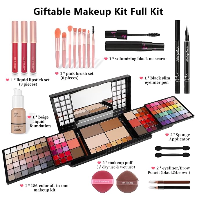 Full Makeup Kit, Makeup Sets for Women Full Kit, All in One Make Up Gift Set for Girls & Women with Eyeshadow,Liquid Lipstick,Foundation,Mascara,Blush,Eyeliner,Contour,Brushes and More