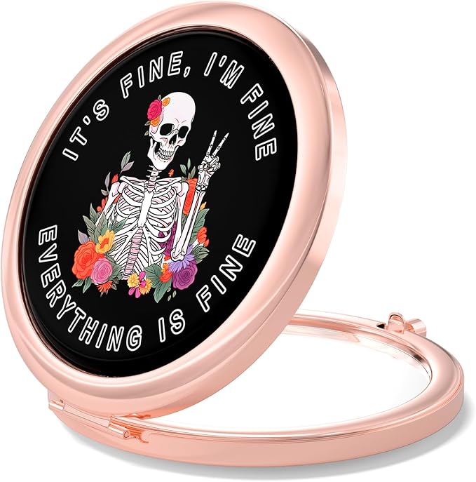 Nipichsha Compact Mirror, Pocket Travel Makeup Mirror, 2 - Sided 2X / 1X Magnification, Small Folding Portable Handheld, 2.75 in Rose Gold, Flower Skull