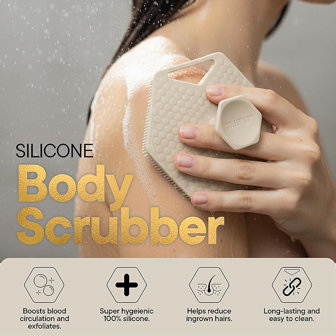 TOOLETRIES Body Scrubber 2.0 – Premium Silicone Scrubber for Cleaning, Exfoliating Your Skin – Extra Long Lather Boosting Bristles with Ergonomic Handle, Long-Lasting & Easy to Clean - Sand