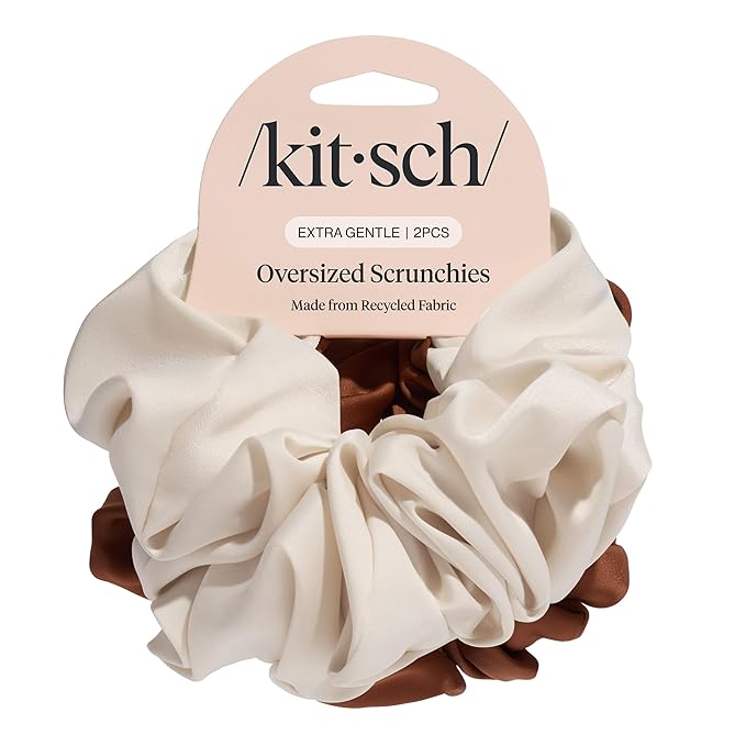 Kitsch Recycled Satin Oversized Scrunchies – Large Hair Scrunchies for Women, Eco-Friendly Hair Ties & Ponytail Holders | Ideal Gifts for Women - Camel & Cream, 2pc Set