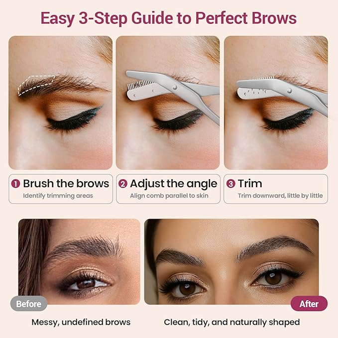 THRAU Eyebrow Scissors with Comb, Stainless Steel Precision Eyebrow Trimmer for Women, Safety Guard for Beginners, Sharp Blades, 2-in-1 Mini Scissors and Grooming Kit for Home or Travel