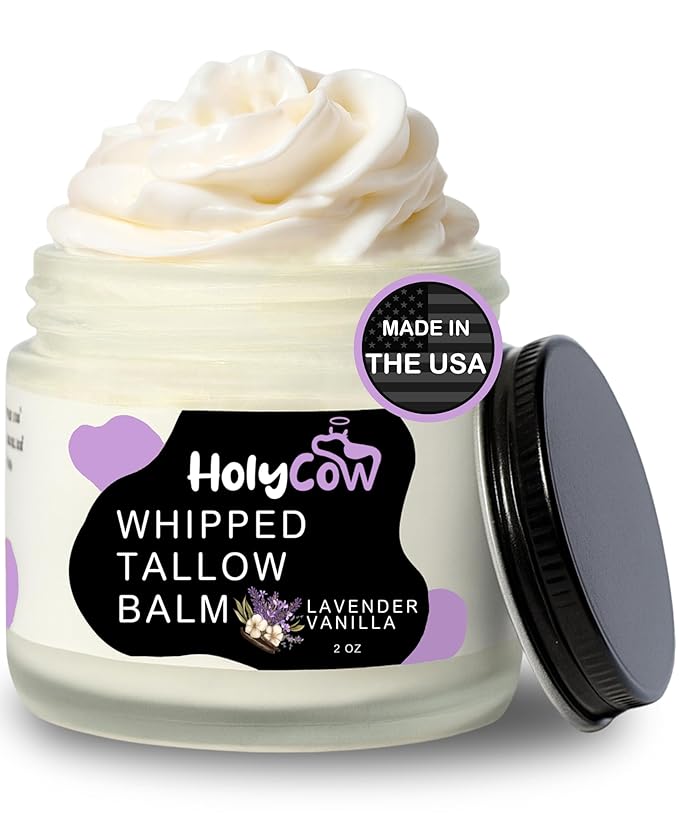 HolyCow Beef Tallow For Skin - Whipped Tallow Balm with Organic Jojoba Oil, Grass Fed Beef Tallow Face Moisturizer for Eczema, Baby, Lip Balm - Lotion For Extremely Dry Skin (Lavender Vanilla)