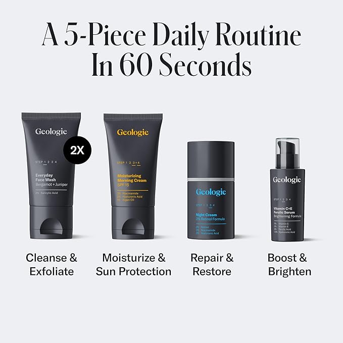 Geologie Skincare Gift Set | 5-Piece Kit Includes 2 Face Washes, SPF15 Moisturizer, Retinol Cream & Vitamin C Serum | Daily Routine for Clear, Healthy Skin for Men and Women | Lasts 3 Months