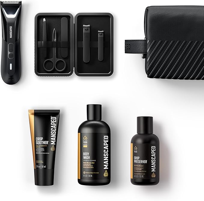 MANSCAPED® The Premier Package 5.0 Ultra, with The Lawn Mower® 5.0 Ultra Men's Groin & Body Hair Trimmer, Shears 3.0, Crop Preserver® Ball Deodorant, Refined® Body Wash, Crop Soother™, Shed 2.0