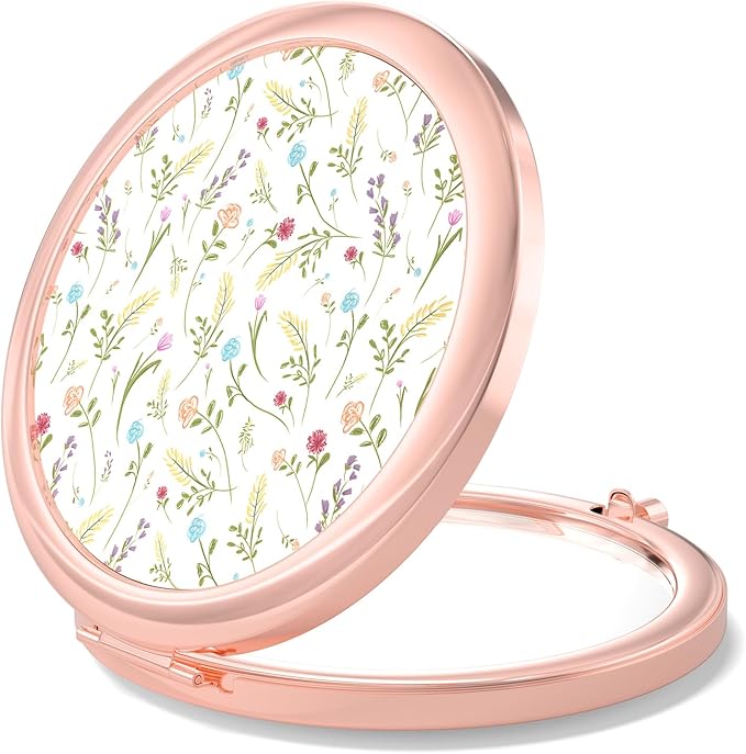 Nipichsha Compact Mirror, Pocket Travel Makeup Mirror, 2 - Sided 2X / 1X Magnification, Small Folding Portable Handheld, 2.75 in Rose Gold, Colorful Flowers