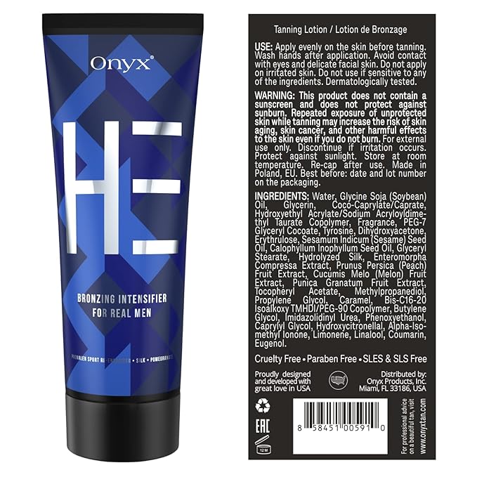Onyx HE Tanning Bed Lotion for Men - Indoor Tanning Lotion Accelerator & Bronzer, Quick & Dark Tan, Men's Tanning Lotion with Skin Firming, Muscle Bronzing Complex & Moisturizing Formula