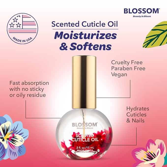 Blossom Cuticle Oil for Nails, Hydrating, Moisturizing, Scented Nail Oil Cuticle Care, Infused with Real Flowers, Made in USA, 0.5 fl. oz, Amazon Exclusive, Raspberry