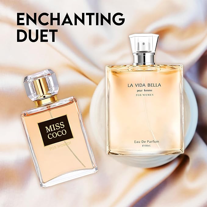 Women Perfume 2PCS Combo La Vida Bella&Miss Coco Nice Scent Eau De Parfum Long Lasting Fragrance 3.4 Fl Oz Spray Each for Daily Used