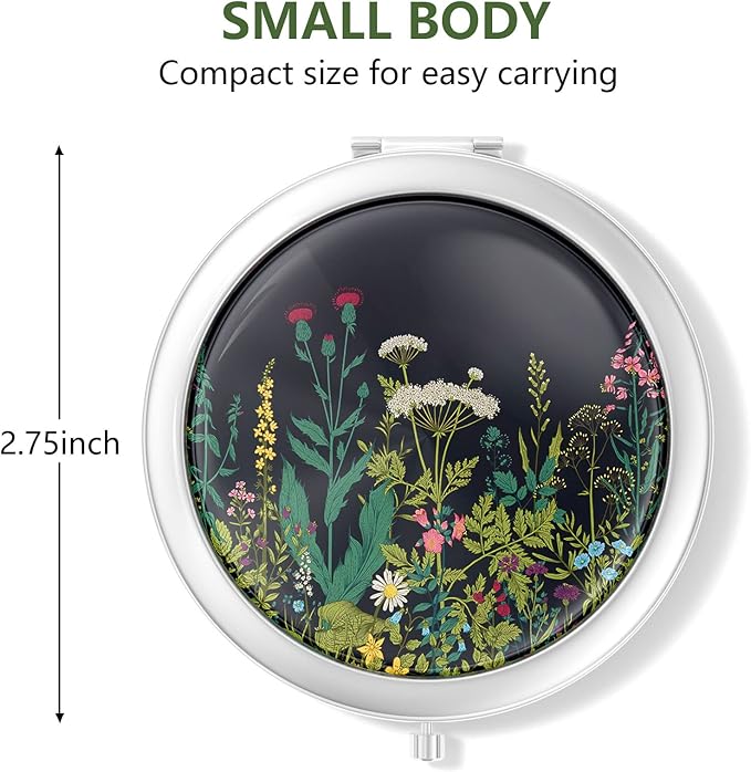 Nipichsha Compact Mirror, Pocket Travel Makeup Mirror, 2 - Sided 2X / 1X Magnification, Small Folding Portable Handheld, 2.75 in Silver, Dandelion