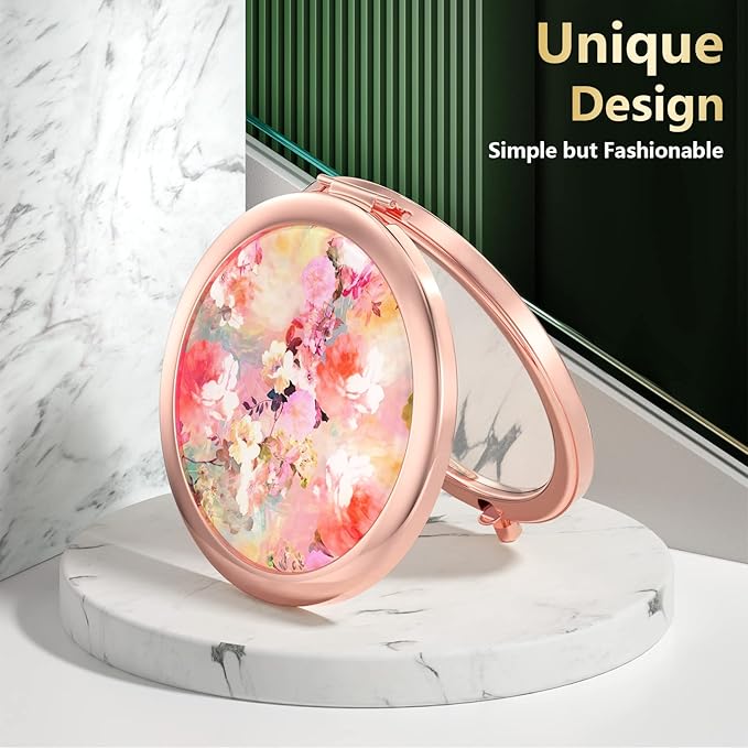 Nipichsha Compact Mirror, Pocket Travel Makeup Mirror, 2 - Sided 2X / 1X Magnification, Small Folding Portable Handheld, 2.75 in Rose Gold, Watercolor Flowers