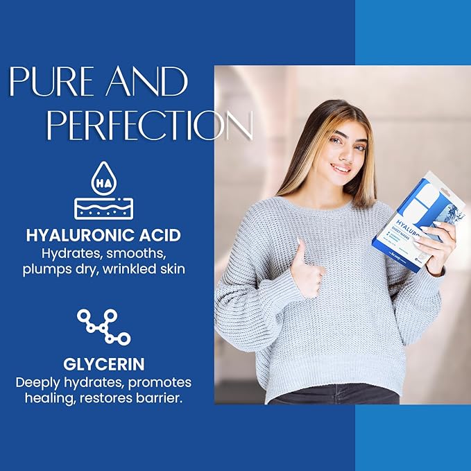 Hyaluronic Acid Sheet Face Mask - Skin Firming, Anti-Aging, Moisturizes & Plumps Skin - Dermatologist Tested, Cruelty-Free Korean Skin Care for All Skin Types - 5 Masks (2 Pack)