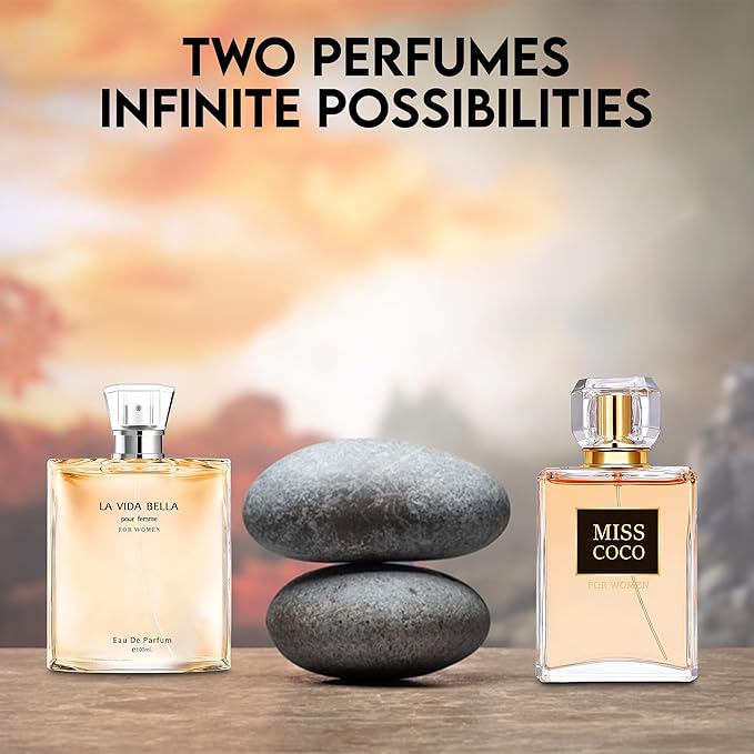 Women Perfume 2PCS Combo La Vida Bella&Miss Coco Nice Scent Eau De Parfum Long Lasting Fragrance 3.4 Fl Oz Spray Each for Daily Used