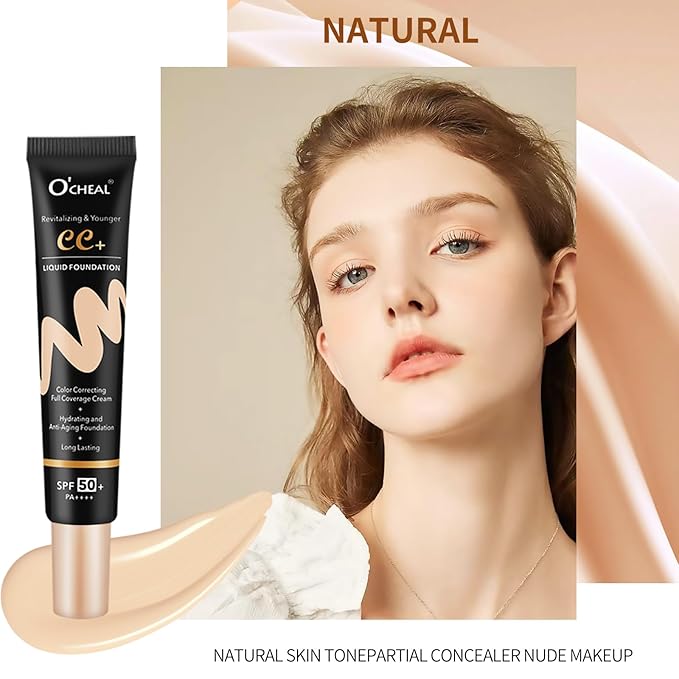 O'CHEAL CC Cream with SPF 50+, Hydrating Color Correcting Cream Full Coverage Lightweight Powder Foundation, Waterproof Long Lasting Pre-makeup Primer Facial Concealer Refine Skin Texture (Natural)