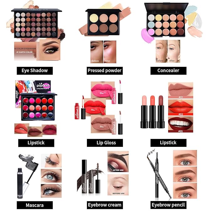 All in One Makeup Kit for Women Full Kit, Christmas Day Gifts for Women Girls, Essential Bundle With Eyeshadow Palette, Brush, Lipstick, Blush, Foundation, Concealer, Mascara, Eyebrow Pencil