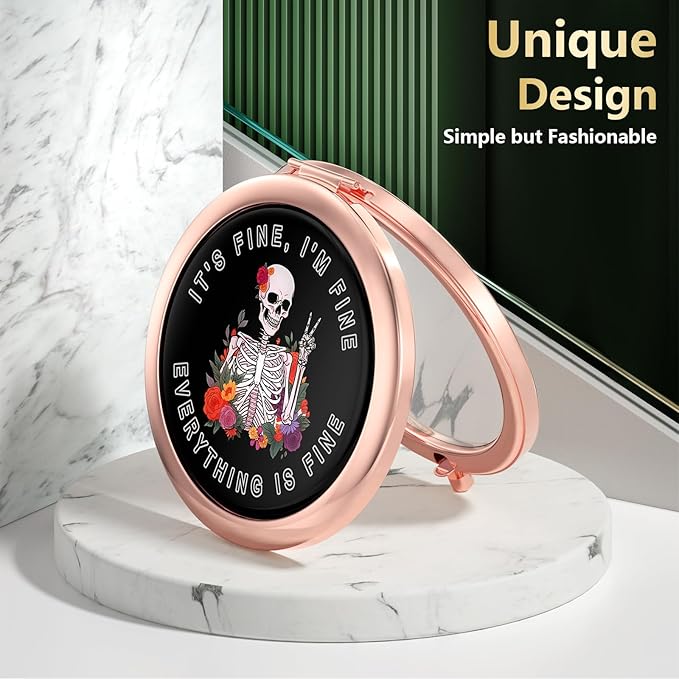 Nipichsha Compact Mirror, Pocket Travel Makeup Mirror, 2 - Sided 2X / 1X Magnification, Small Folding Portable Handheld, 2.75 in Rose Gold, Flower Skull