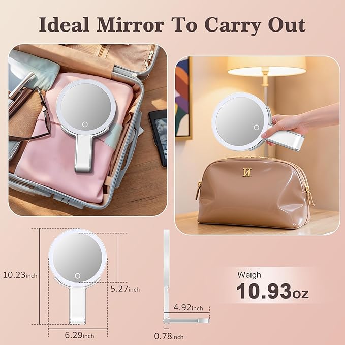 Travel Makeup Mirror with 3 Color Lights, 15X/1X Double Sided Lighted Magnifying Mirror, Portable Handheld Mirror, Gift For Women 3 in 1 Tabletop/Handheld/Hanging, Home, Office, Trip Gifts For Her