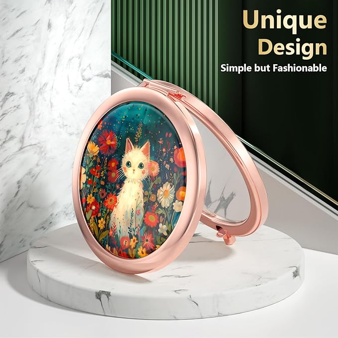 Nipichsha Compact Mirror, Pocket Travel Makeup Mirror, 2 - Sided 2X / 1X Magnification, Small Folding Portable Handheld, 2.75 in Rose Gold, Pretty Flowers Cat
