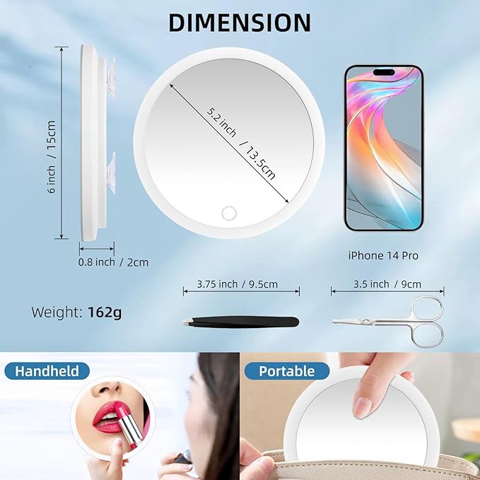 30x Magnifying Mirror With Light, Rechargeable 3 Color Modes Dimming Large 6'' Lighted With Suction Cups, Travel Makeup Magnification With Tweezers & Scissors