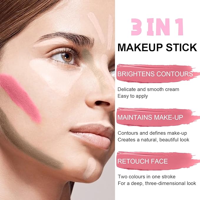 6 Colors Cream Contour Stick Makeup Kit, Shades with Highlighter Stick, Blush Stick and Double-End Bronzer Stick for Sculpt the Cheeks, Waterproof,Dewy & Matte Finish for Beginners