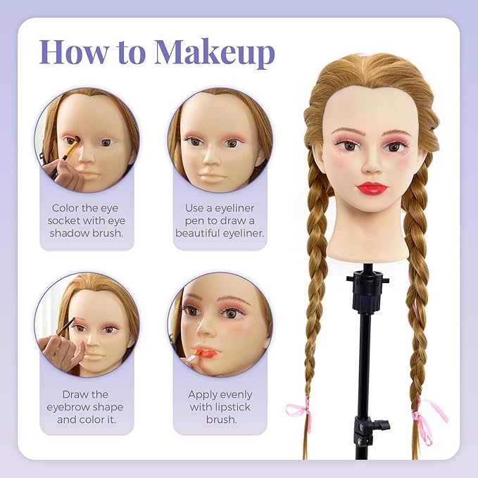 Mannequin Head with 90% Real Human Hair - 28 Inch Makeup Cosmetology Manikin Doll Head for Hair Styling, Training Practice Braiding Mannequin Head with False Eyelashes Hair Styling Set
