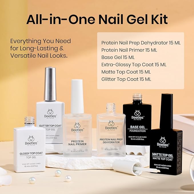 Beetles 6 Pcs 15ml Glossy & Matte Gel Top and Base Coat Set with Protein Nail Prep Dehydrator and Primer Acid-Free & Hema-Free Dehydrate Bond Primer t for Acrylic & Gel Nail Polish Christmas Gifts