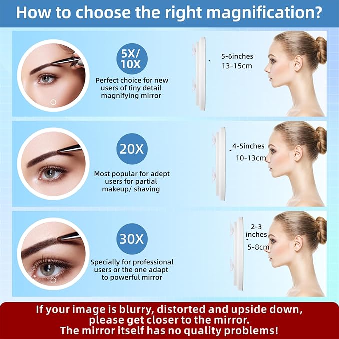 30x Magnifying Mirror with Light, 3 Color Modes, Dimmable, Rechargeable, 6" Viewing Area, 3 Suction Cups, Travel Makeup Mirror, High Magnification, Includes Tweezers & Scissors