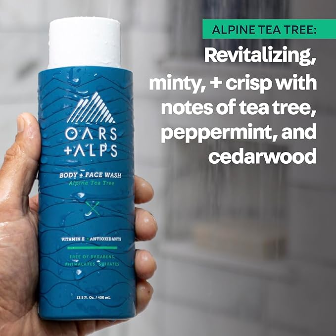 Oars + Alps Body and Face Wash for Men, Mens Body Wash & Face Cleanser with Vitamin E and Antioxidants, Moisturizing, Hydrating, Paraben & Sulfate Free Cleanser, Alpine Tea Tree, 3pk
