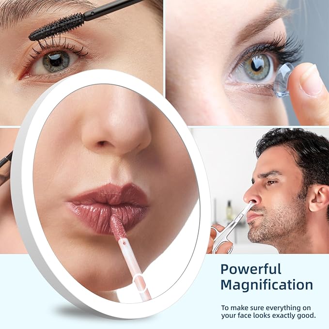 Magnifying Mirror With Light 10x, 3 Color Modes Dimming Rechargeable Large 6'' Lighted Magnified With Suction Cups Travel Makeup 10x Magnification With Tweezers & Scissors