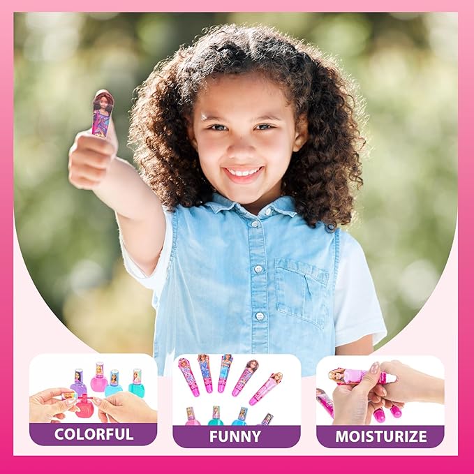 Barbie Cosmetic Makeup Set for Girls with Super Sparkly Lip Gloss Nail Polish and Nail Stickers 11 Pieces, Perfect for Parties Sleepovers Makeovers, Birthday Holiday Gift, Ages by Townley Girl