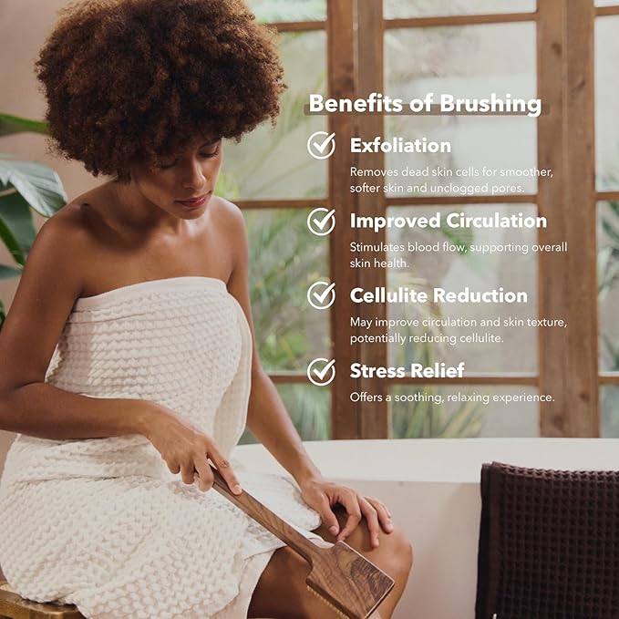 Luxury Natural Walnut Wood Boar Bristle Body Brush | Exfoliating & Detoxifying for All Skin Type | Sweeps Away Dead Skin Cells for Luminous, Smooth Skin | for Wet and Dry Use (Long Handle)