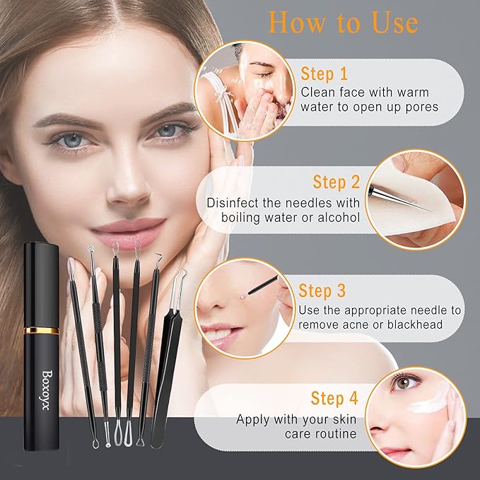 Pimple Popper Tool Kit - 6 Pcs Blackhead Remover Comedone Extractor Tool Kit with Metal Case for Quick and Easy Removal of Pimples, Blackheads, Zit Removing, Forehead, Facial and Nose(Black)